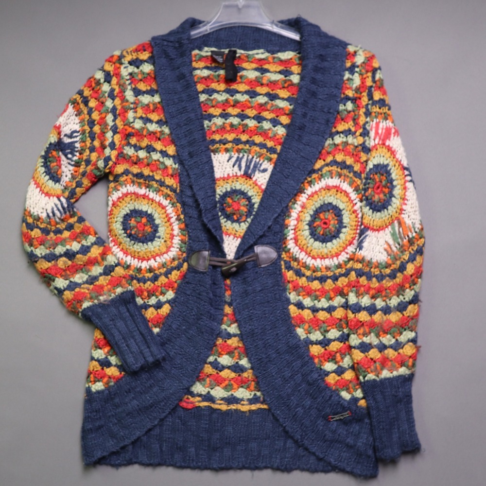 Desigual Cardigan Sweater Womens Medium Blue Multi Excellent Crochet Toggle Boho